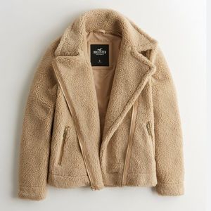NWT Hollister Faux Fur/Shearling Tan Cozy Biker Teddy Jacket Size Medium